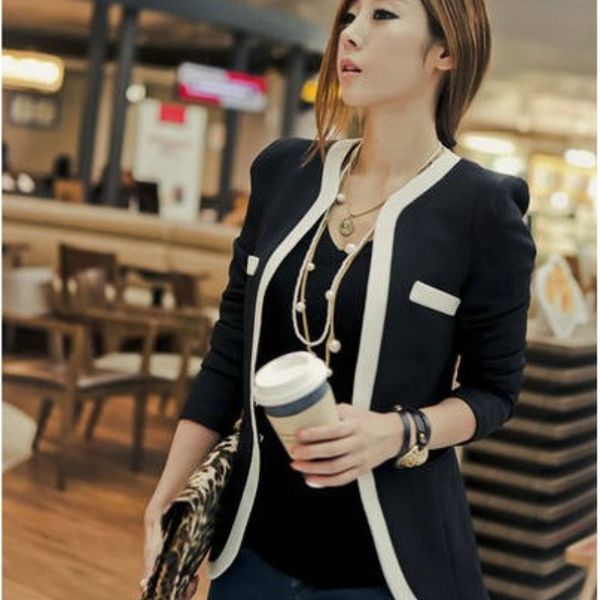 

women's short jacket slim suit professional women's handsome slim stitching dark button temperament fashion jacket - ya142-141, White;black
