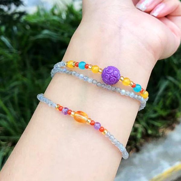 

2019 new diy beads bracelet natural moonstone purple mica beeswax stone jewelry for women 3 layer chrismas gift, Golden;silver