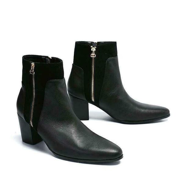 

mens leather punk zipper pointy toe cuban mid heels side zip shoes boots l021, Black