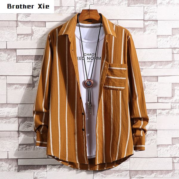 

2020 casual loose coat man vertical stripe lapel shirt long sleeve shirt men's fashion black white stripe loose male clothing, White;black