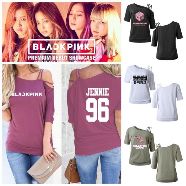 

blackpink off shoulder kpop for women harajuku t shirts women kawaii 2019 summer shirts cotton blouses, White