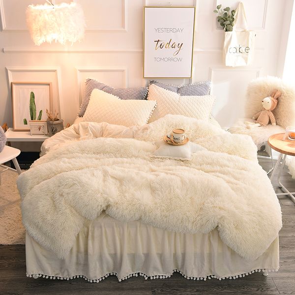 

luxury plush shaggy duvet cover set quilted pompoms fringe ruffles bedskirt pillow shams bedding set twin full  king 4/6pcs