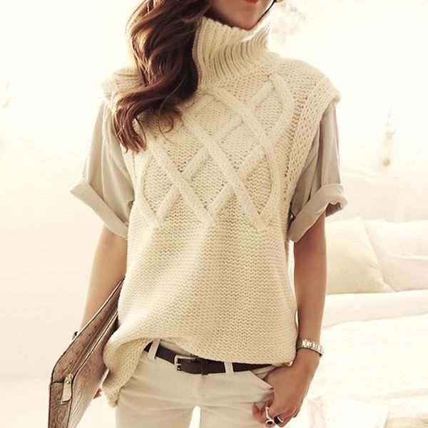 

fashion 2018 fall winter women casual sleeveless thick warm knit pullovers sweaters shrug solid female turtleneck vest sweater, White;black