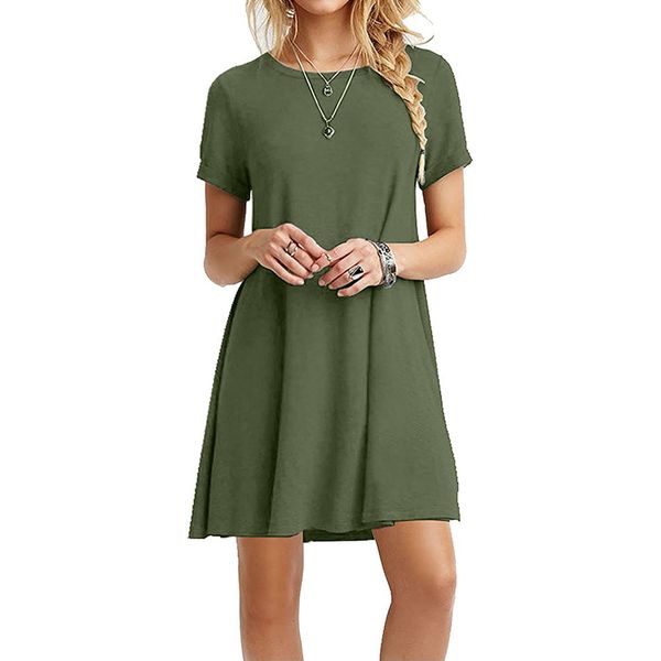 Atacado Moda Sólidos Casual cor do vestido Mulheres Rodada Neck Vintage Vestidos Retro manga curta Mini Tent Vestido Curto Verão