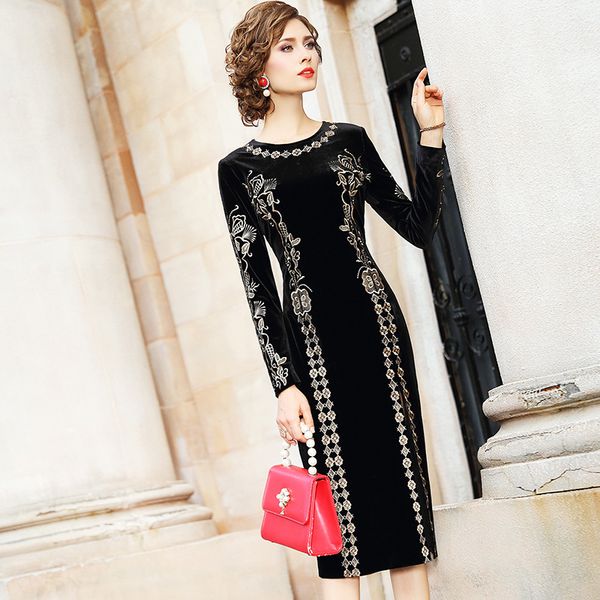 

spring 2020 new elegant embroidery retro velvet dress vintage party dress plus size women winter womanliness slim dresses, Black;gray