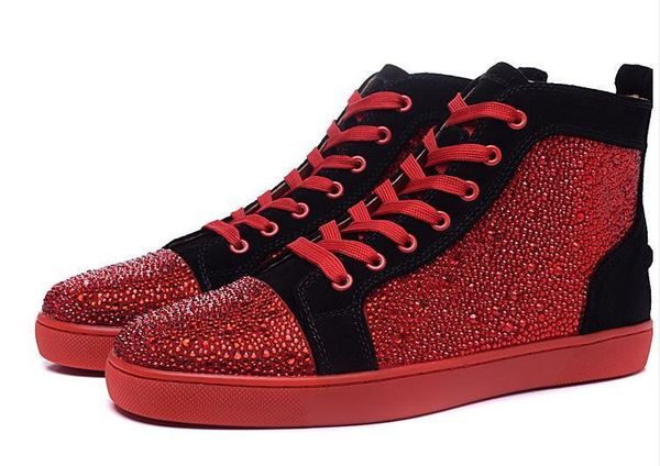 

new mens womens red suede leather patchwork highred bo ttom sneakers,brand design golden spikes toe casual shoes 36-46 mh011, Black