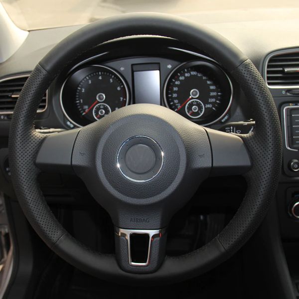 

black natural leather car steering wheel cover for volkswagen golf 6 mk6 2010-2013 vw polo mk5 2010-2013