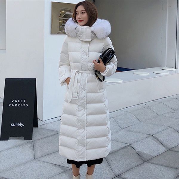

hanzangl lightweight down jacket female 2019 white duck down long luxury real leopard fur collar tie waist slim jacket overcoat, Black