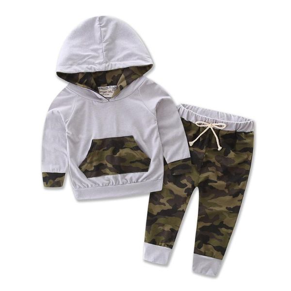 

children clothing 2020 new boy spring suit kids camouflage long sleeves hooded shirt with long pants two-piece baby clothes, White