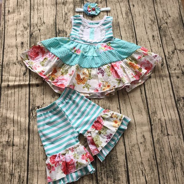 

girl summer clothes baby kids boutique sets sleeveless dress with matching ruffled shorts and headband girl floral dress sets, White