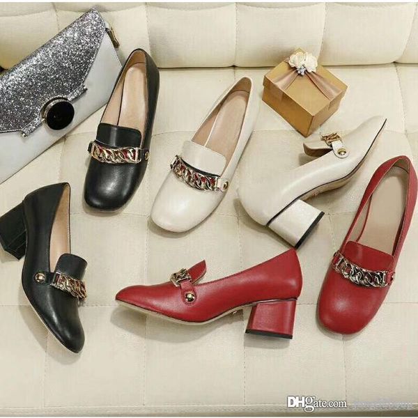 

classic mid heeled boat shoes luxury designer leather occupation high heels shoes round head metal chain coarse heel woman dress shoes 34-42, Black