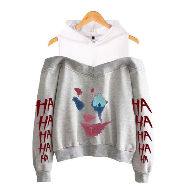 

2d haha joker printed off shoulder hoodies for women long sleeve hooded sweatshirt autumn casual streetwear clothes xxl, Black