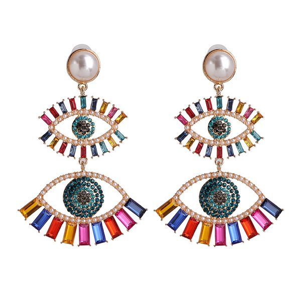 

juran womens double multicolor evil eye long dangle earrings bohemian pearl crystal statement drop earrings party jewelry, Silver