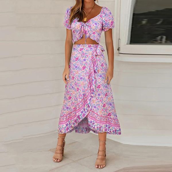 

casual dresses summer chiffon two piece long skirts women elegant 2 set crop and skirt hollow out ruffle beach party outfit d30, Black;gray