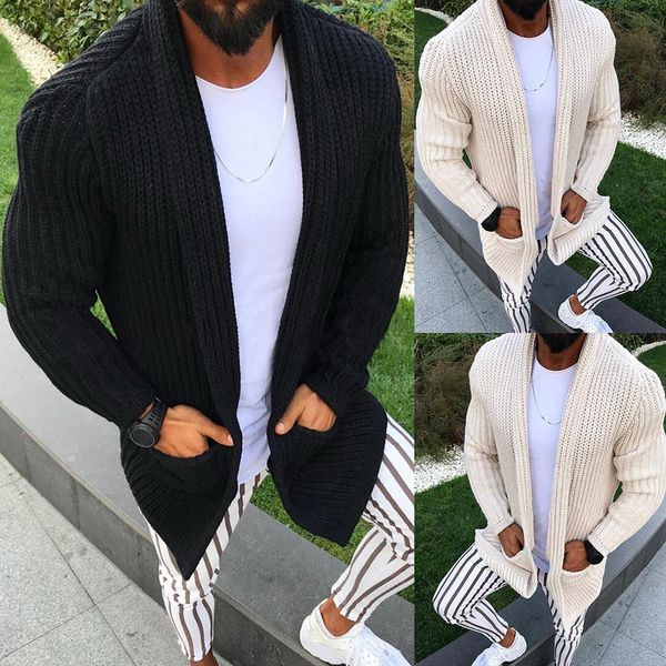 

mens warm sweater coat winter clothes pockets casual men sweatercoat tricot cardigan autumn knitted overcoat full clothes hombre, White;black