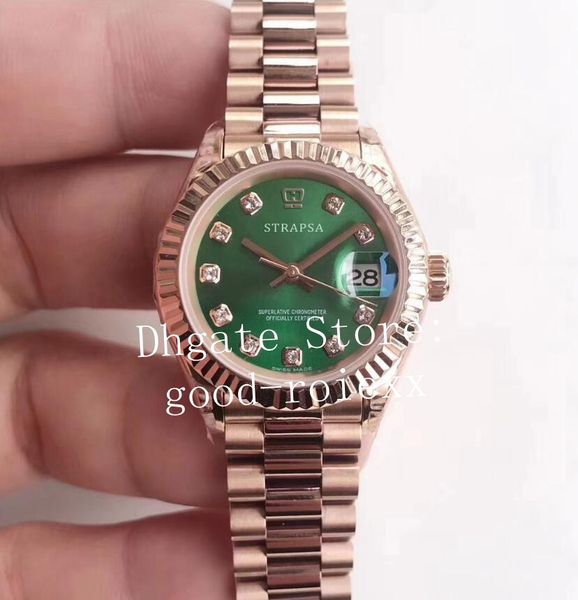 

роскошные зеленые 28 мм часы розовое золото ladys автоматические eta 2671 часы женские 279175 дамы президент сапфир женщины вечный wf наручн, Slivery;brown