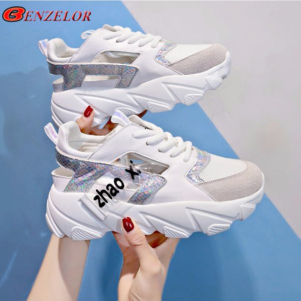 

benzelor 2019 summer hollow breathable thick soled mesh women shoes casual woman sneakers walking platform female chaussures 919, Black