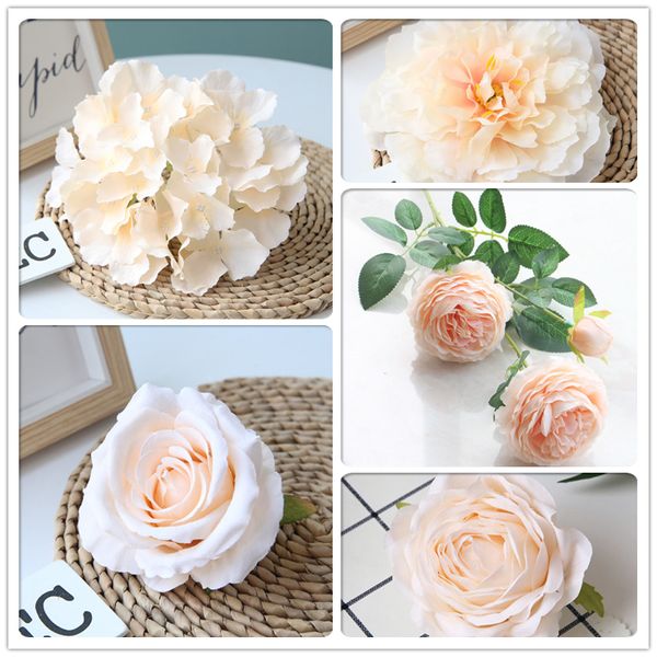 

20pcs champagne color artificial flower wedding rose peony hydrangea plant bouquet wedding decoration diy home fake flowers