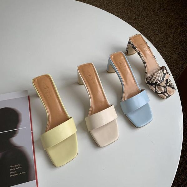 

snakeskin female shoes slippers women summer square heel rubber flip flops slides med 2020 block soft hawaiian basic hoof heels, Black