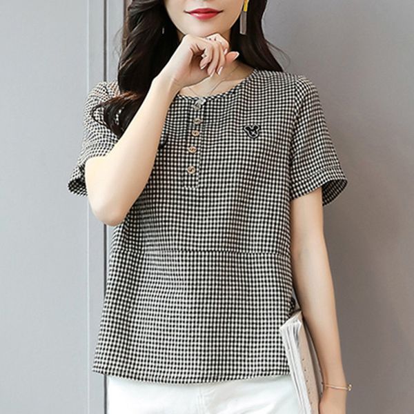 

2019 new female small plaid shirt summer short-sleeved korean version of loose cotton shirt o neck fashion clothes short sleeve, White