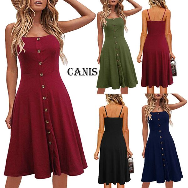 

2019 summer women' beach dress boho dress button summer beach cocktail evening party midi solid sundress new stylish, Blue;gray