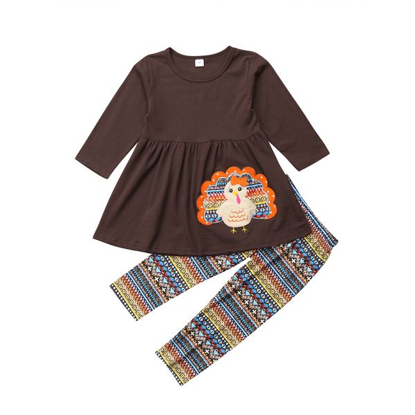 

New Spring Autumn Children Cloth Baby Girl Brown Cartoon T-shirt Pants Leggings Outfit Cloth Set Striped Long Sleeve Size 3-7Y