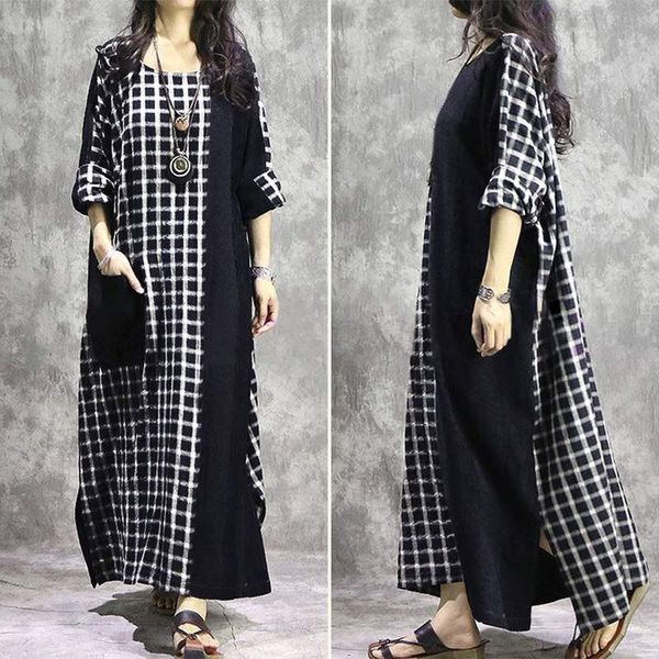 

women's patchwork sundress zanzea 2020 fashion check dress casual long sleeve o neck tunic vesitos female plaid robe plus size 7, Black;gray
