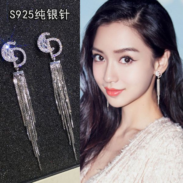

dangle & chandelier new s925 silver earring temperament character letter super fairy earring long zircon d word tassel air earring pendant f