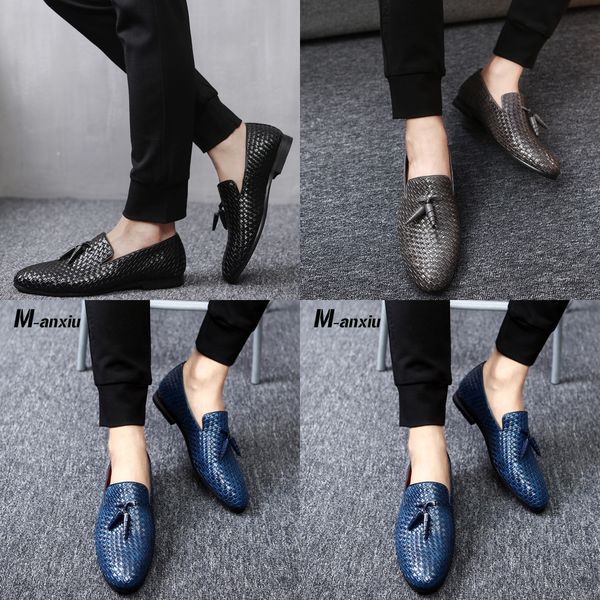 

m-anxiu men pointed toe business knitting shoes fashion casual breathable pu rubber sole flat dress shoes wedding shoes, Black