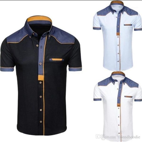 

дизайнерские лоскутные мужские рубашки с коротким рукавом отложным воротником тощие подростковые рубашки летние мужские топы, White;black