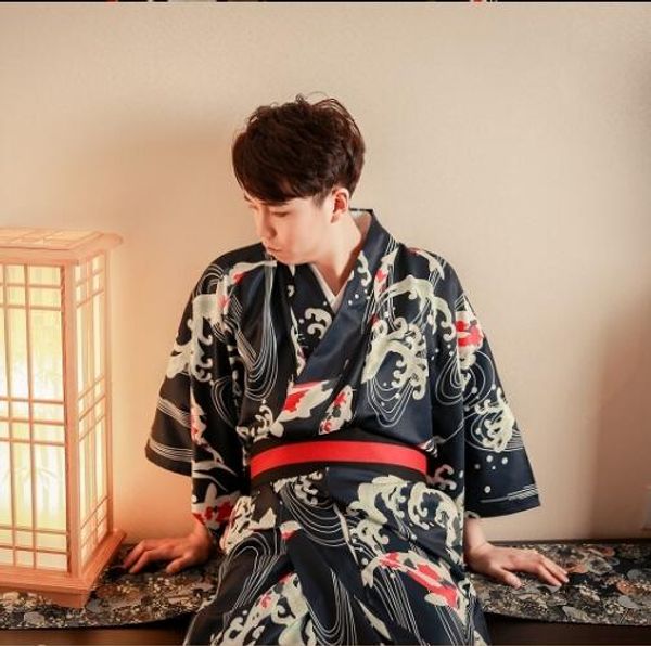 Traje formal do partido Padrão Kimono Japão roupão negro Masculino Algodão Kimono flor asiático do vintage Folk vestuário Cosplay One size