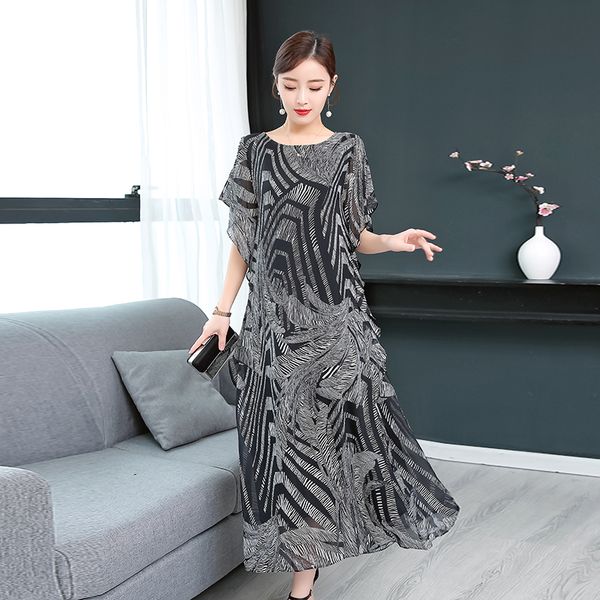 

4xl new fashion women 95% silk batwing sleeve print loose long dress vestidos summer dress big size elegant dresses high end, Black;gray