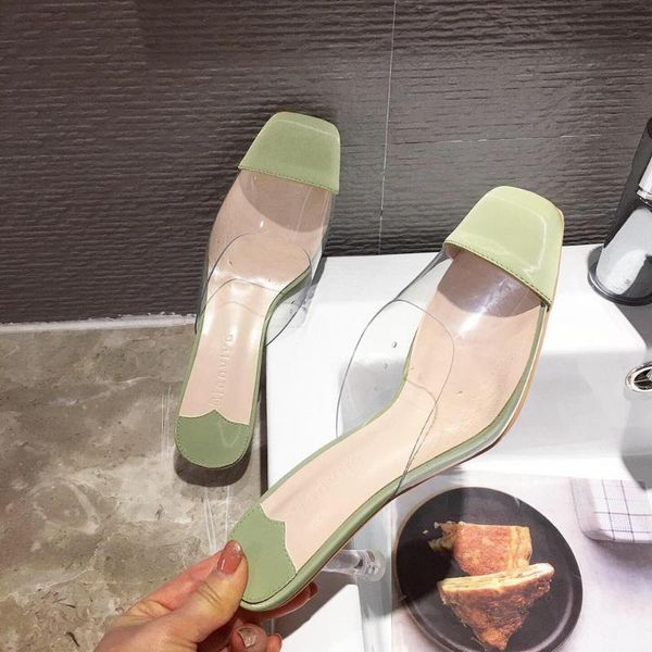 

high-heeled shoes lady slippers flat slipers women transparent heel slides cover toe heels 2020 square rome pumps basic rubber, Black