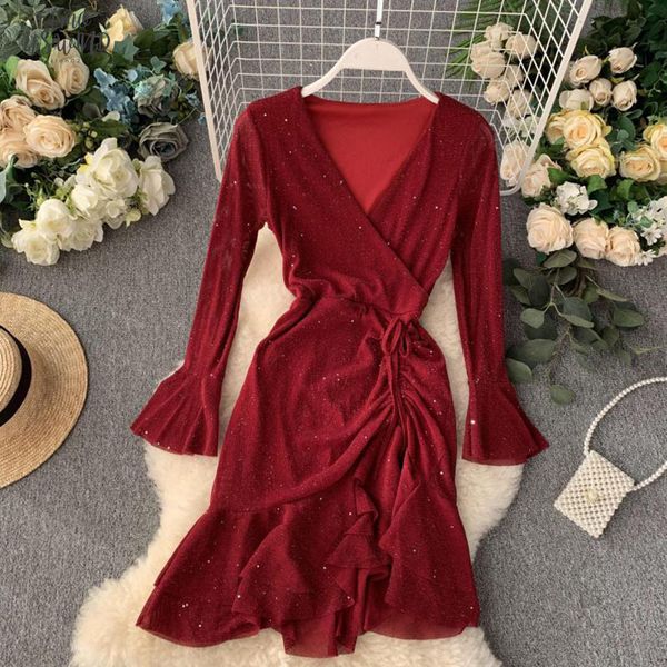 

fashion bling long flare sleeve party dresses women autumn 2020 v neck ruched dress elegant short red black ruffle dress, Black;gray