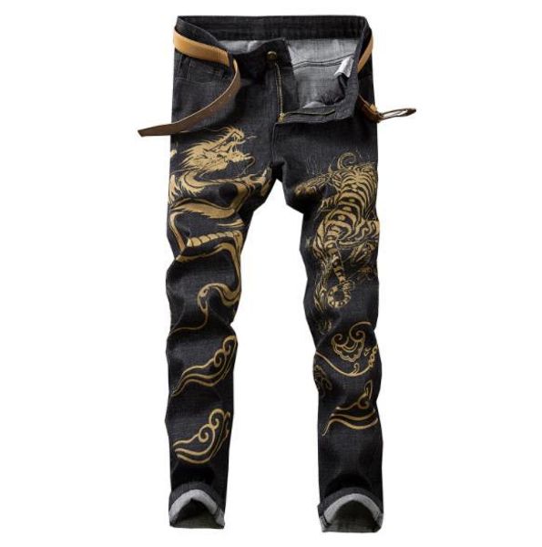 

конструктор мужские джинсы trend street stretch китайский дракон печати мода локомотив jeans личность ночной клуб повседневные брюки для муж, Blue