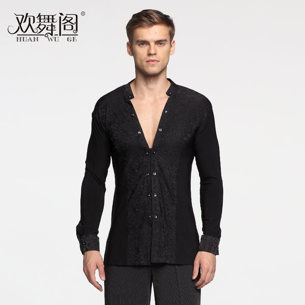 

mens long sleeve shirt practice deep v collar modern latin dance, Black;red