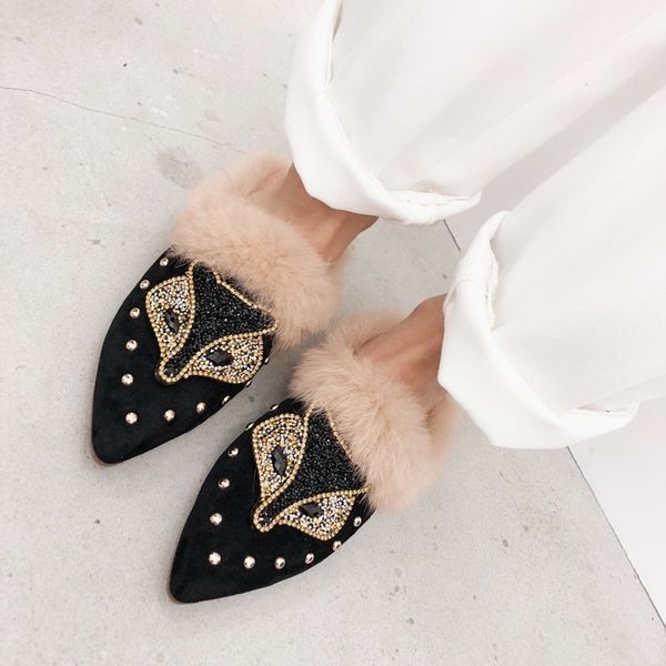 

женская замша натуральный мех кристалл заклепки стразы декор backless трусы mule скользящие princetown обувь 2colors, Black