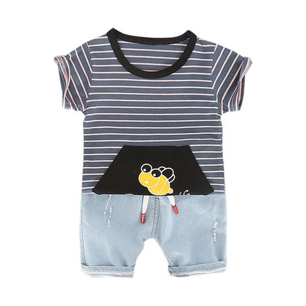

sleeve striped cartoon print t-shirt+shorts children casual outfits sets boy shorts set summer baby boys girls short, White