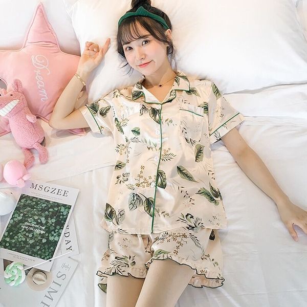 

pajamas women's summer short-sleeved suit two-piece summer thin ice silk leisure cute pajamas for women, Black;red
