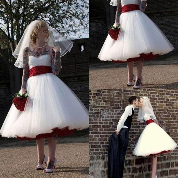 

wangyandress strapless a-line wedding dresses sleeveless short tea length puffy pleated tulle bridal gowns with belt, White