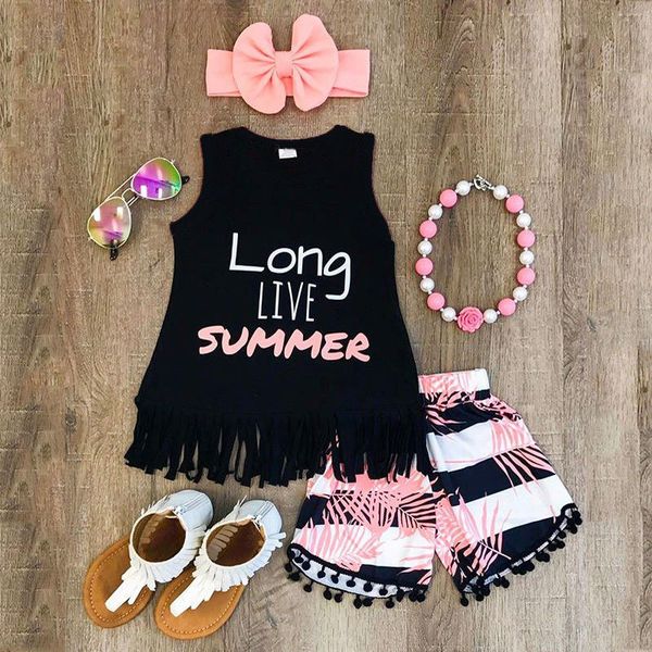 

girls clothing sets 2019 baby girl summer outfits kid girl clothes vest t shirt+ short pant headband 3pcs set, White