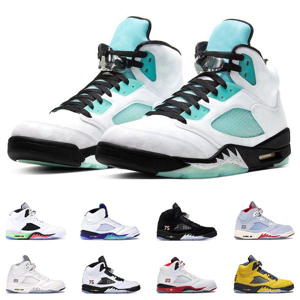 

new air retro jordan 5 island green white cement ice blue michigan metallic white olympic mens athletic sports sneakers trainers, White;red