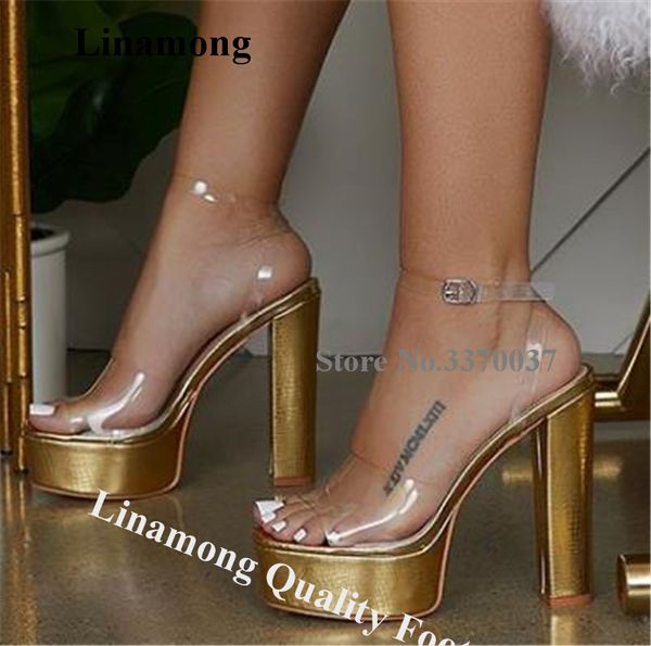 

linamong sexy gold clear pvc лоскутная высокой платформе коренастый пятки сандалии прозрачные пятки сандалии толстые высокие каблуки официал, Black