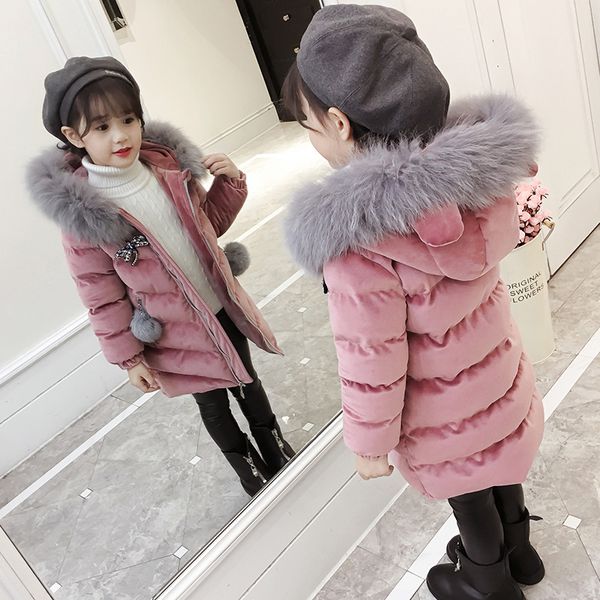 

baby winter new down jacket girl velvet coat children cartoon thick cotton coat fur collarhoodedwarmcotton jacket baby long, Blue;gray