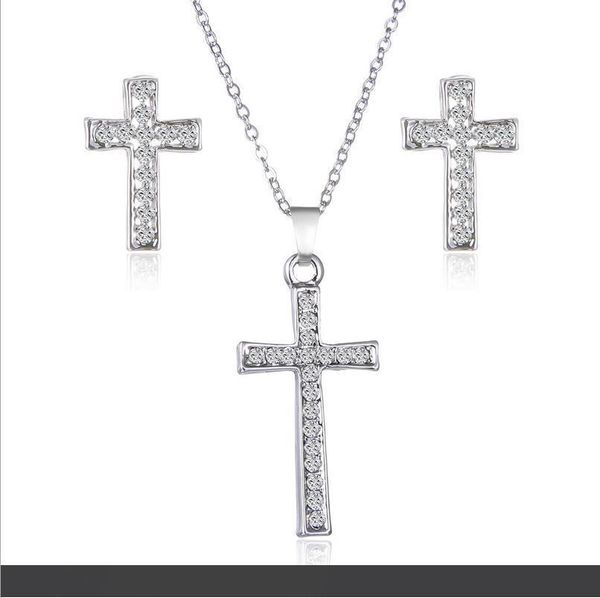

stylish atmosphere exquisite and exquisite small cross rhinestone earrings wild necklace set, Silver