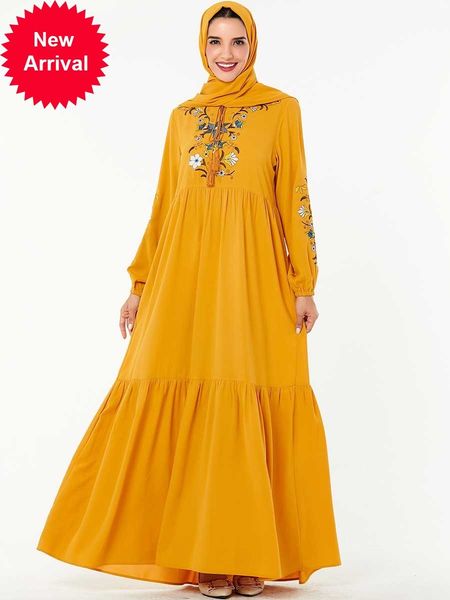 

mc209202 large size women's yellow embroidered sleeve arabian casual (no headscarf) islamic muslim abaya dress maxi long, Red