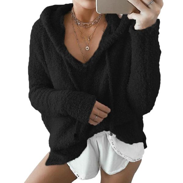 

women fluffy mohair hoodies winter spring warm soft fleece loose sweatshirts casual drawstring v neck pullover tracksuit elastic, Black