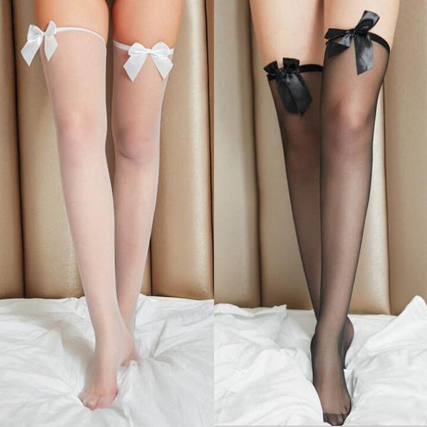 

women stockings white/black bowknot thigh high over the knee socking ladies fashion elasticity silk stockings leggings, Black;white