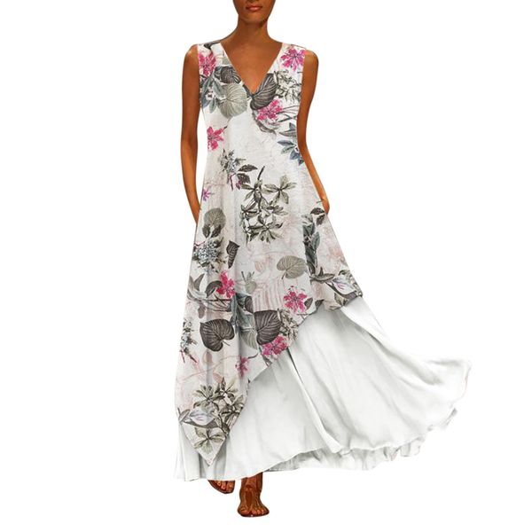

women plus size dress vintage v neck splicing floral printed sleeveless maxi dress loose irregular beach summer g0523#20, Black;gray