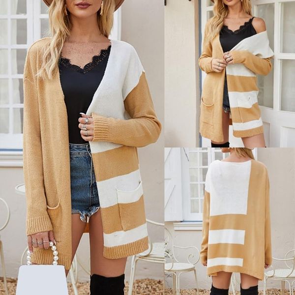 

chaqueta winter coat women winter manteau femme hiver long sleeve stripe splicing print knit casual abrigos mujer invierno 2020, Tan;black